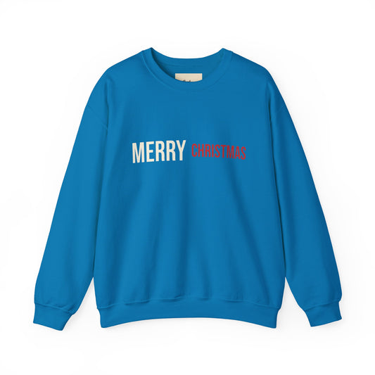 Merry Christmas Crewneck Sweatshirt in blue with festive lettering for holiday cheer.