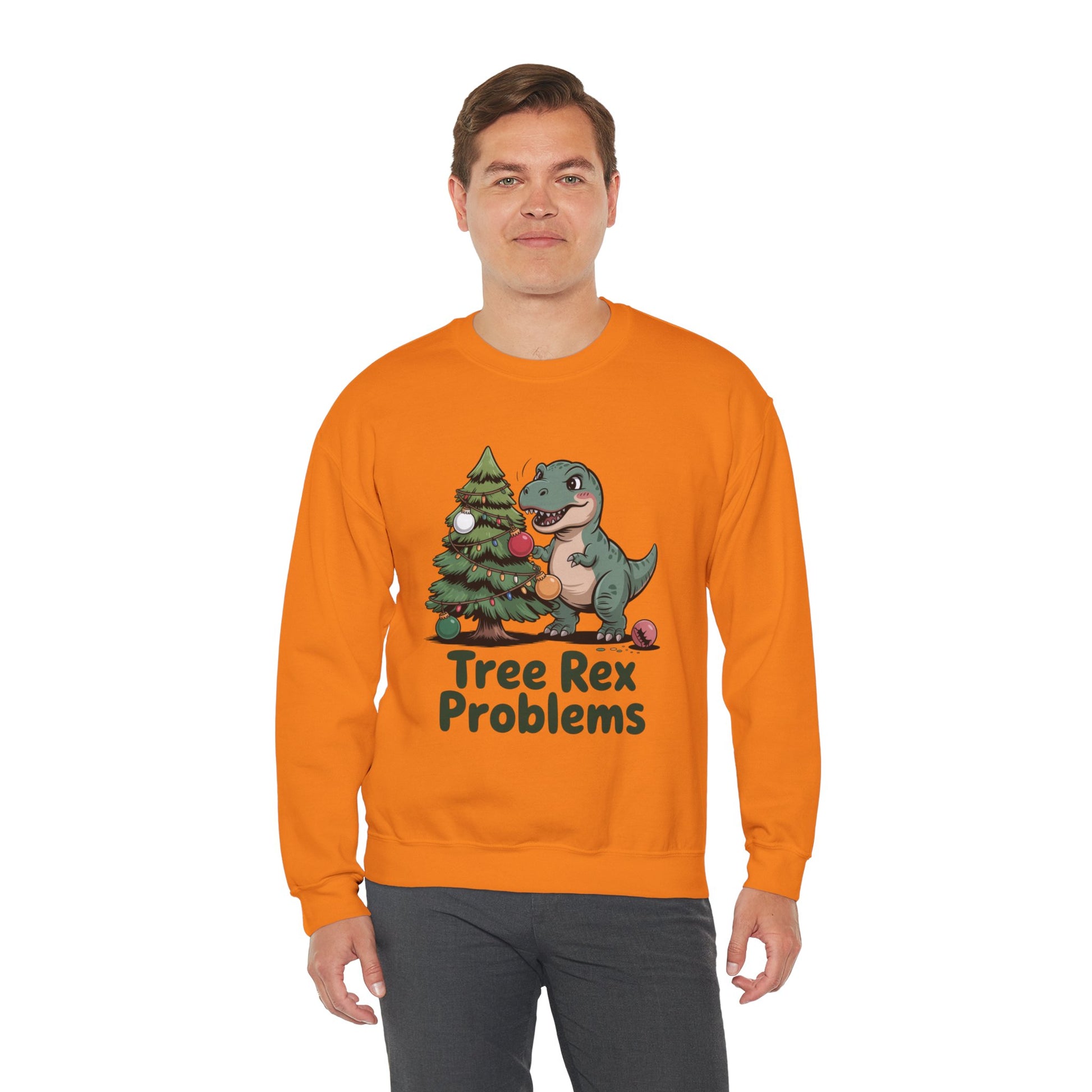 Get festive with the Christmas Crewneck Sweatshirt – Tree Rex Problems. Cozy, fun, and ideal for holiday parties or gifting this season.