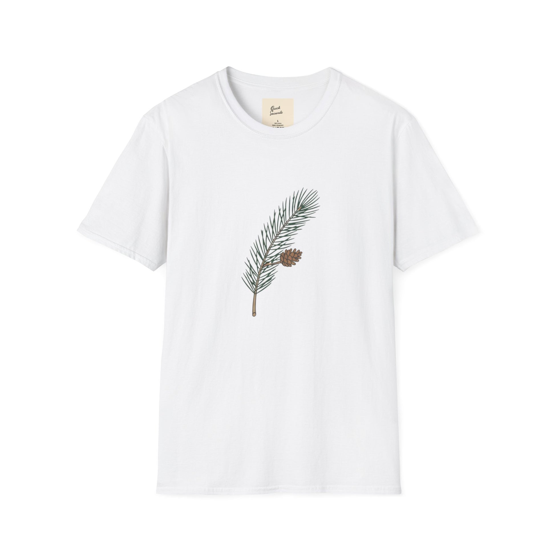 Unisex Softstyle T-Shirt Pine Cone with pine branch and cone graphic on a white background.