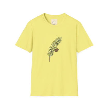 Unisex Softstyle T-Shirt Pine Cone in yellow featuring a pine branch design with a pine cone.