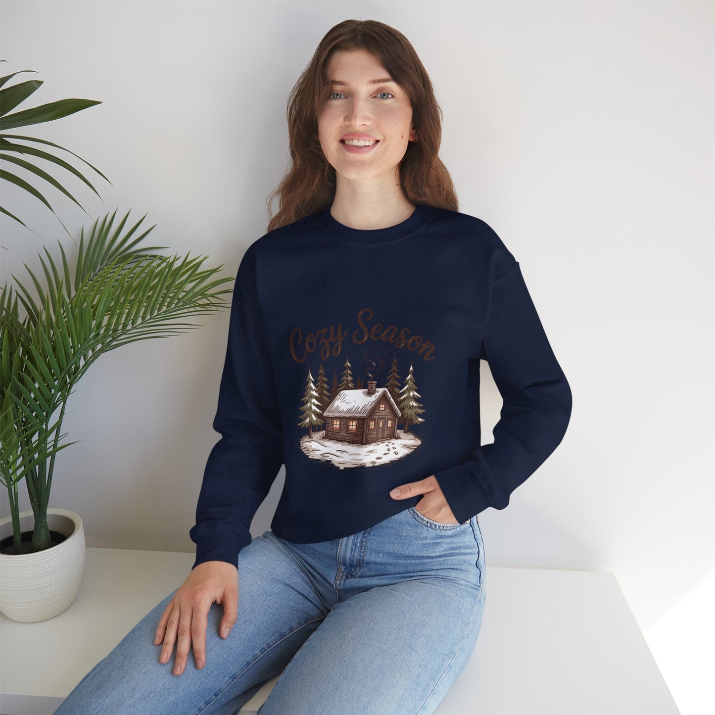 Crewneck Sweatshirt Cozy Season Cabin Snow Hand-Drawn Mocha Tones