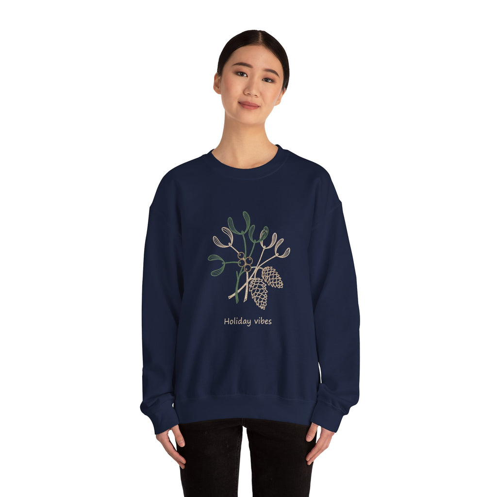 Holiday Vibes Crewneck Sweatshirt with Mistletoe and Pine Cones Design