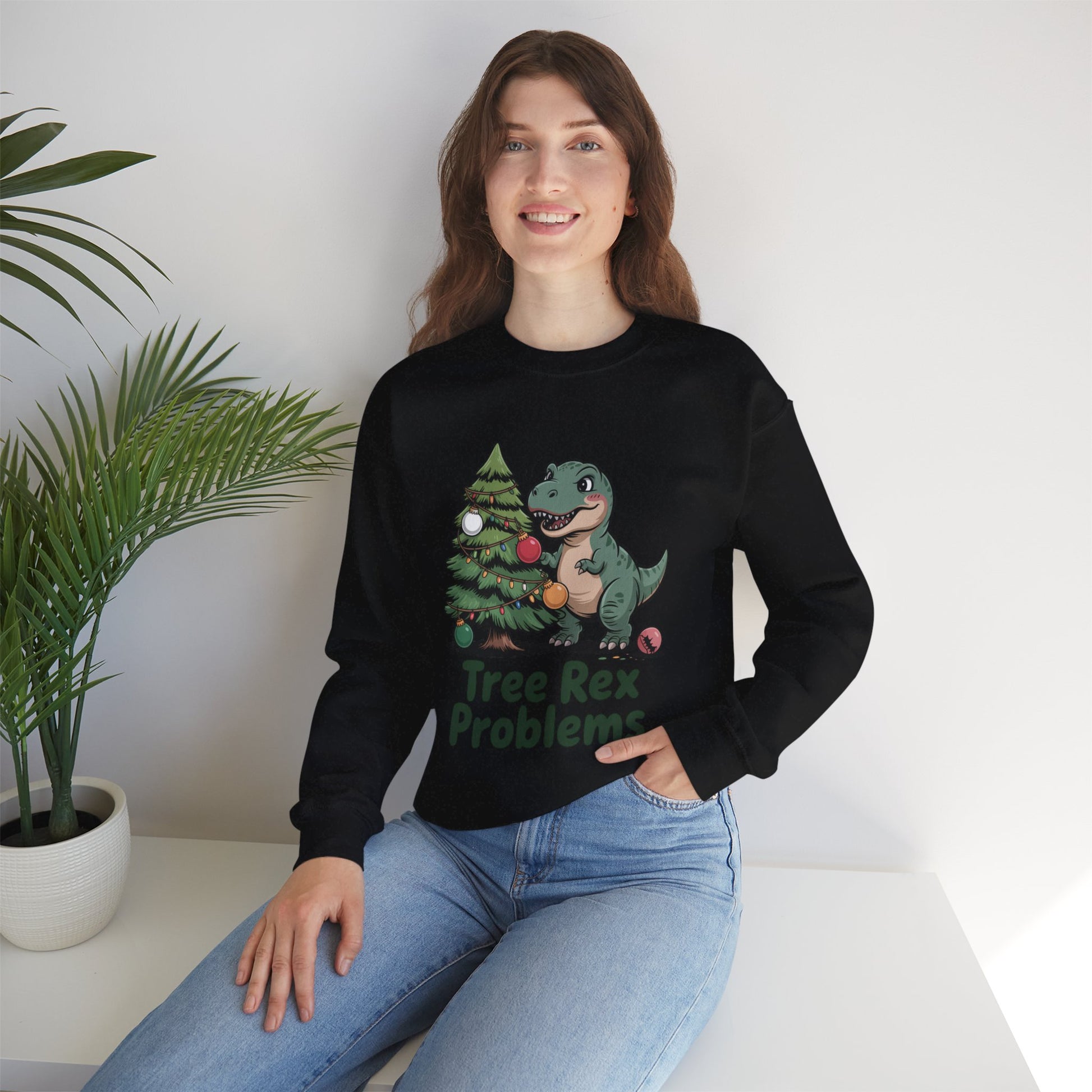 Get festive with the Christmas Crewneck Sweatshirt – Tree Rex Problems. Cozy, fun, and ideal for holiday parties or gifting this season.