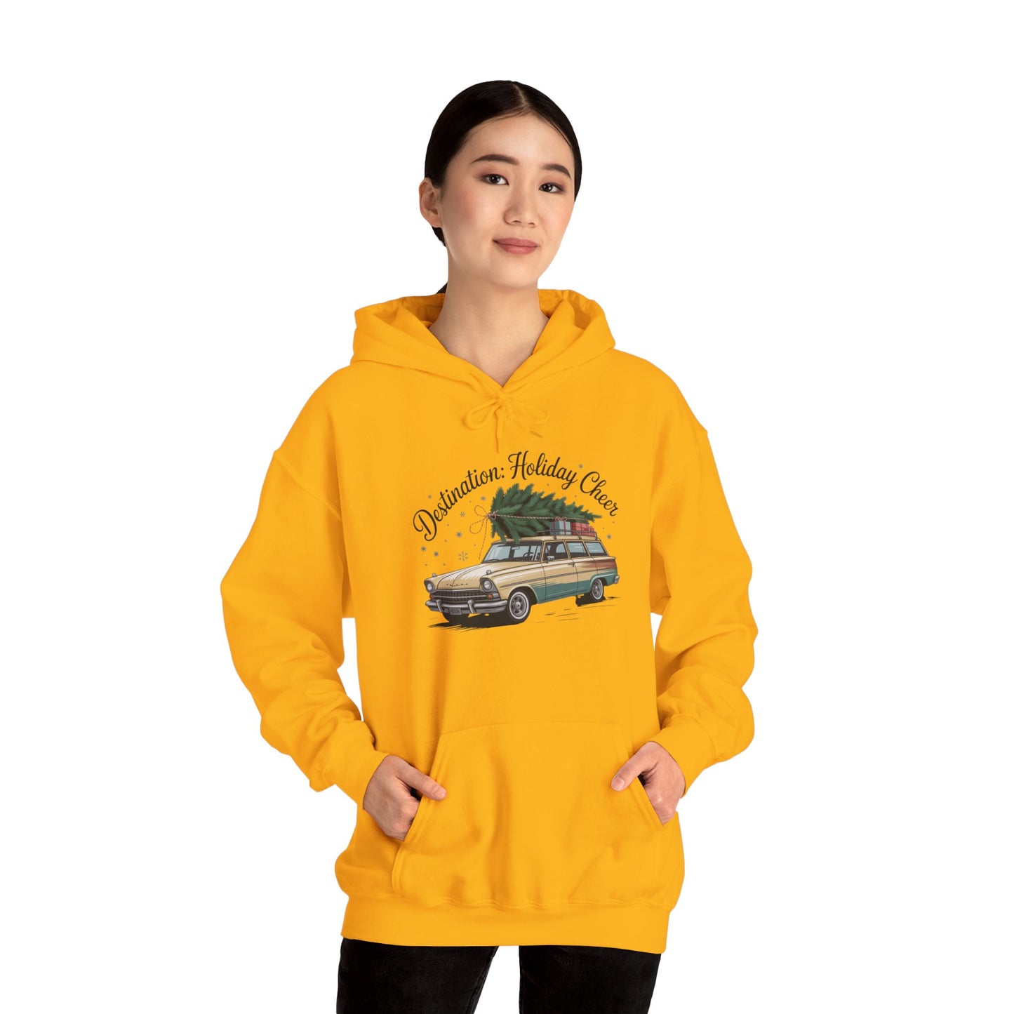 Hooded Sweatshirt Vintage Car Christmas Tree Destination Holiday Cheer