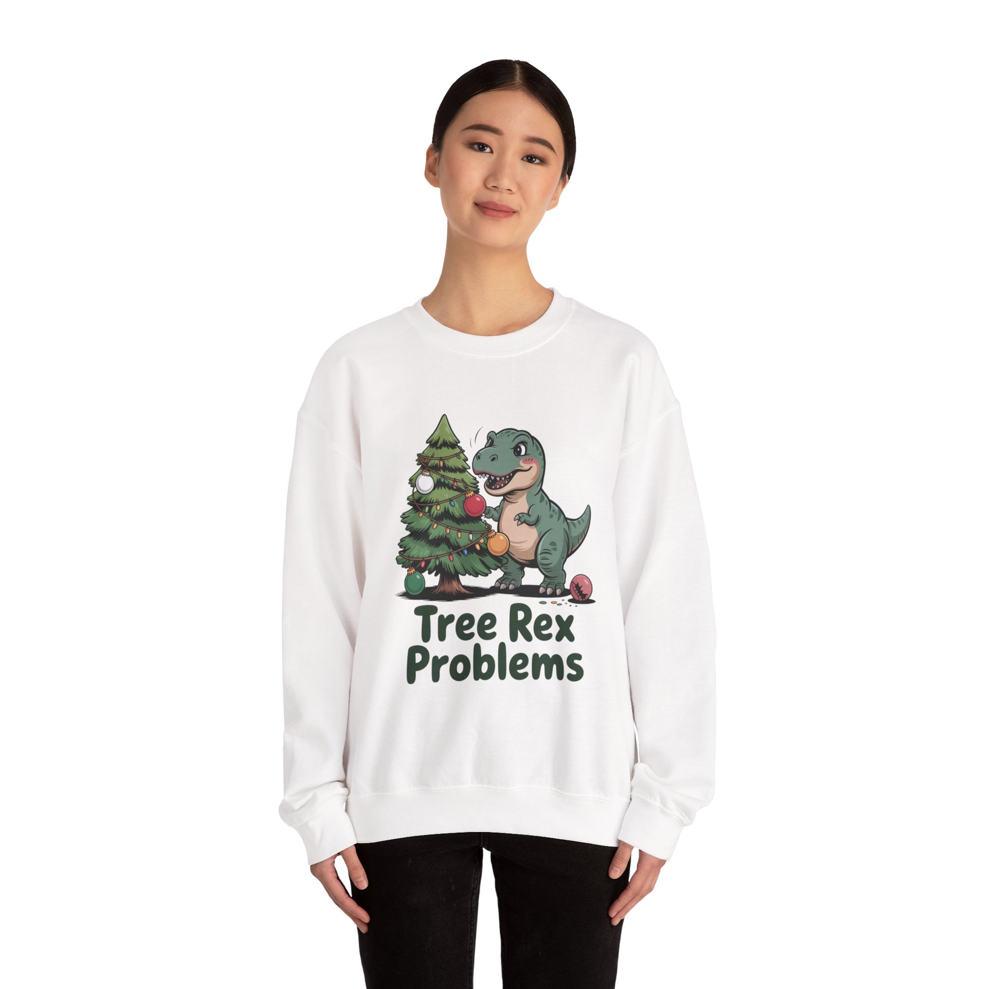 Get festive with the Christmas Crewneck Sweatshirt – Tree Rex Problems. Cozy, fun, and ideal for holiday parties or gifting this season.