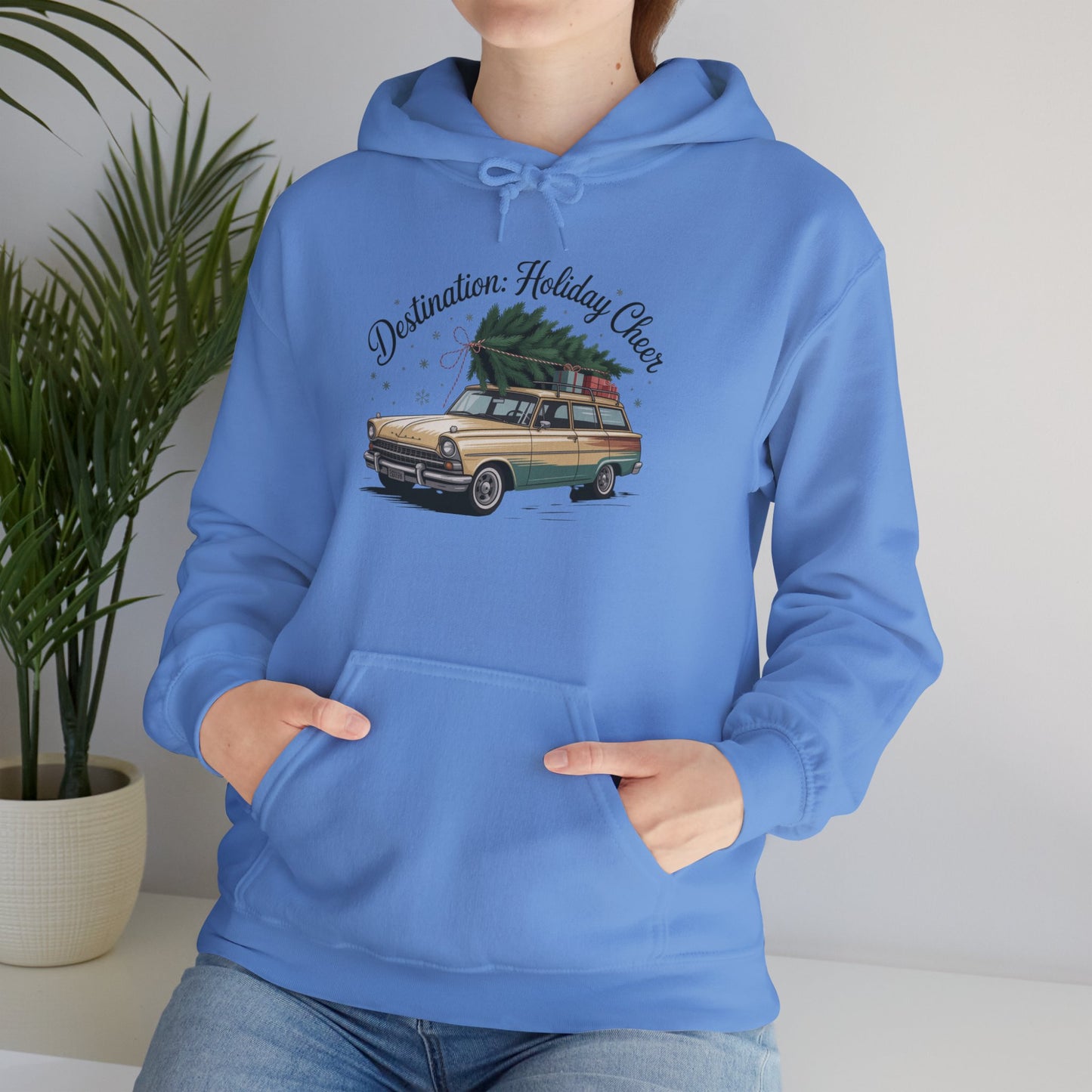 Hooded Sweatshirt Vintage Car Christmas Tree Destination Holiday Cheer