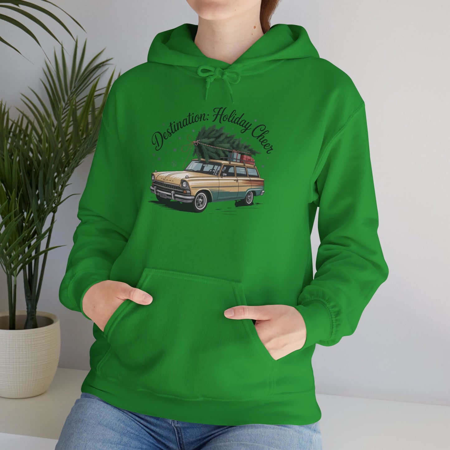 Hooded Sweatshirt Vintage Car Christmas Tree Destination Holiday Cheer