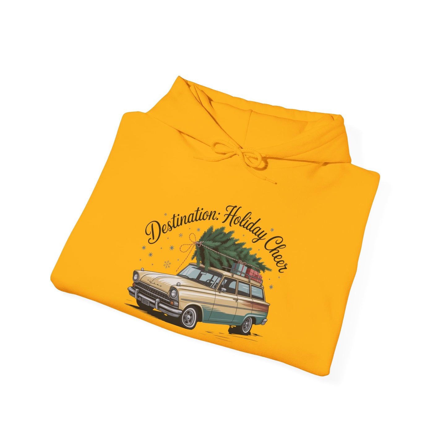 Hooded Sweatshirt Vintage Car Christmas Tree Destination Holiday Cheer