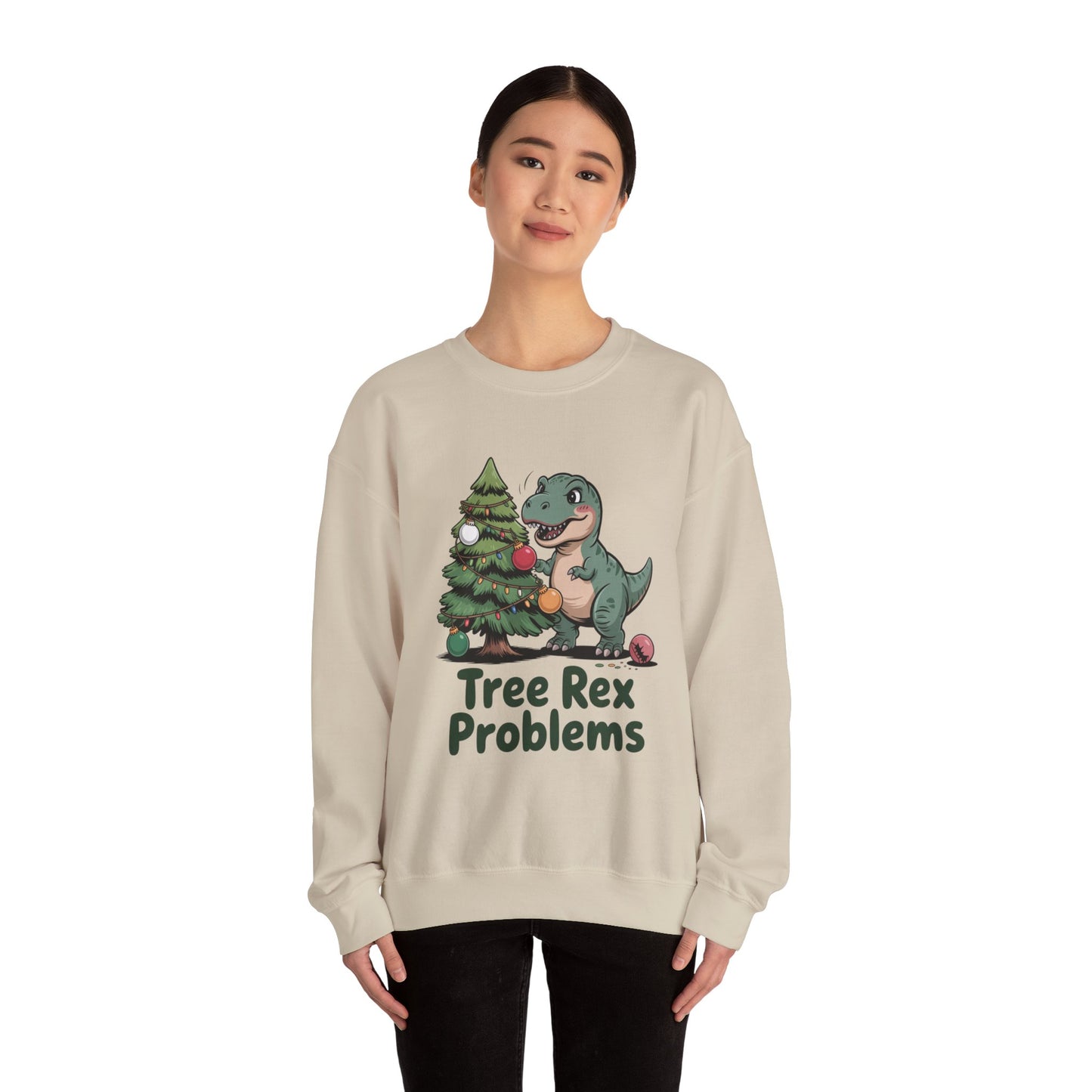 Get festive with the Christmas Crewneck Sweatshirt – Tree Rex Problems. Cozy, fun, and ideal for holiday parties or gifting this season.