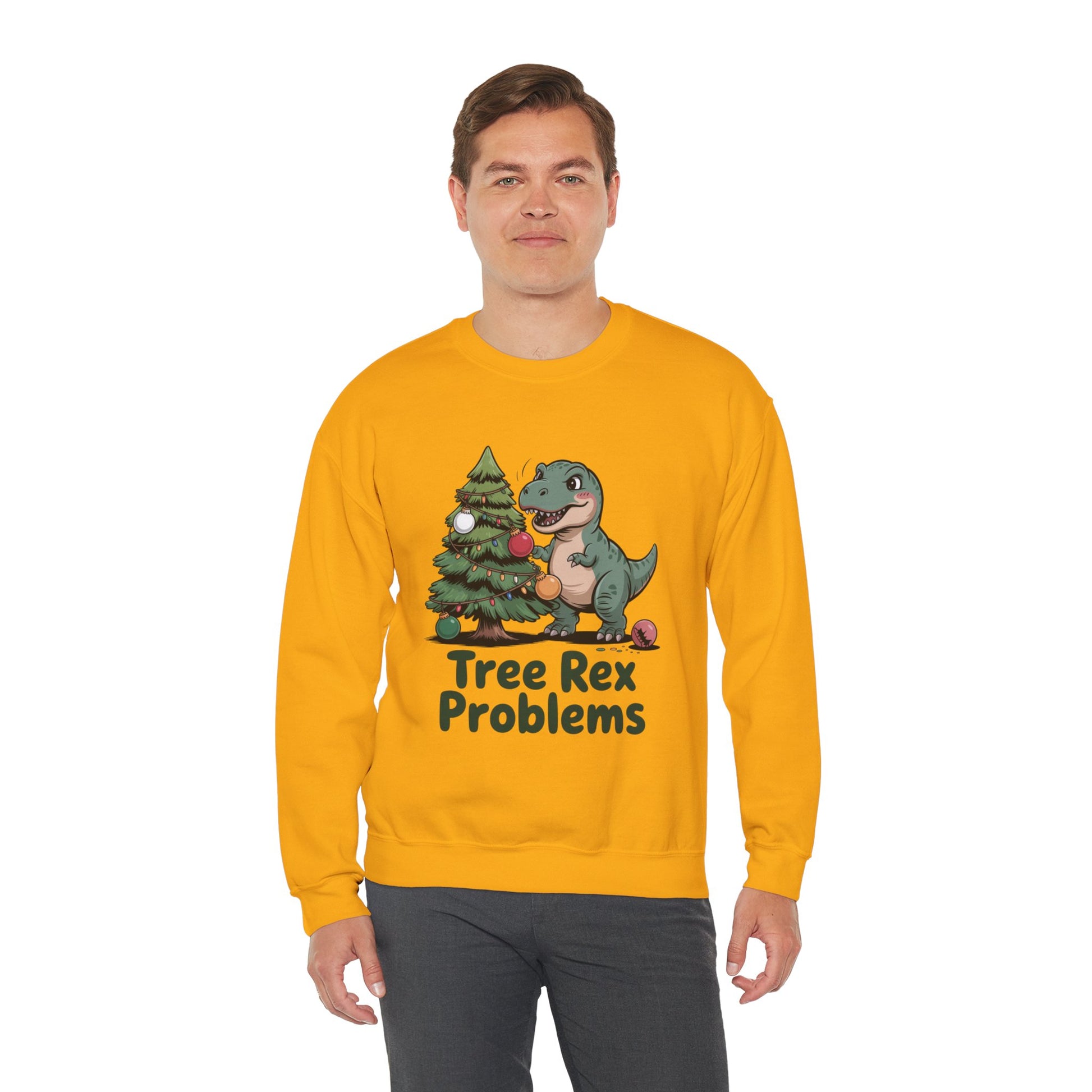 Get festive with the Christmas Crewneck Sweatshirt – Tree Rex Problems. Cozy, fun, and ideal for holiday parties or gifting this season.