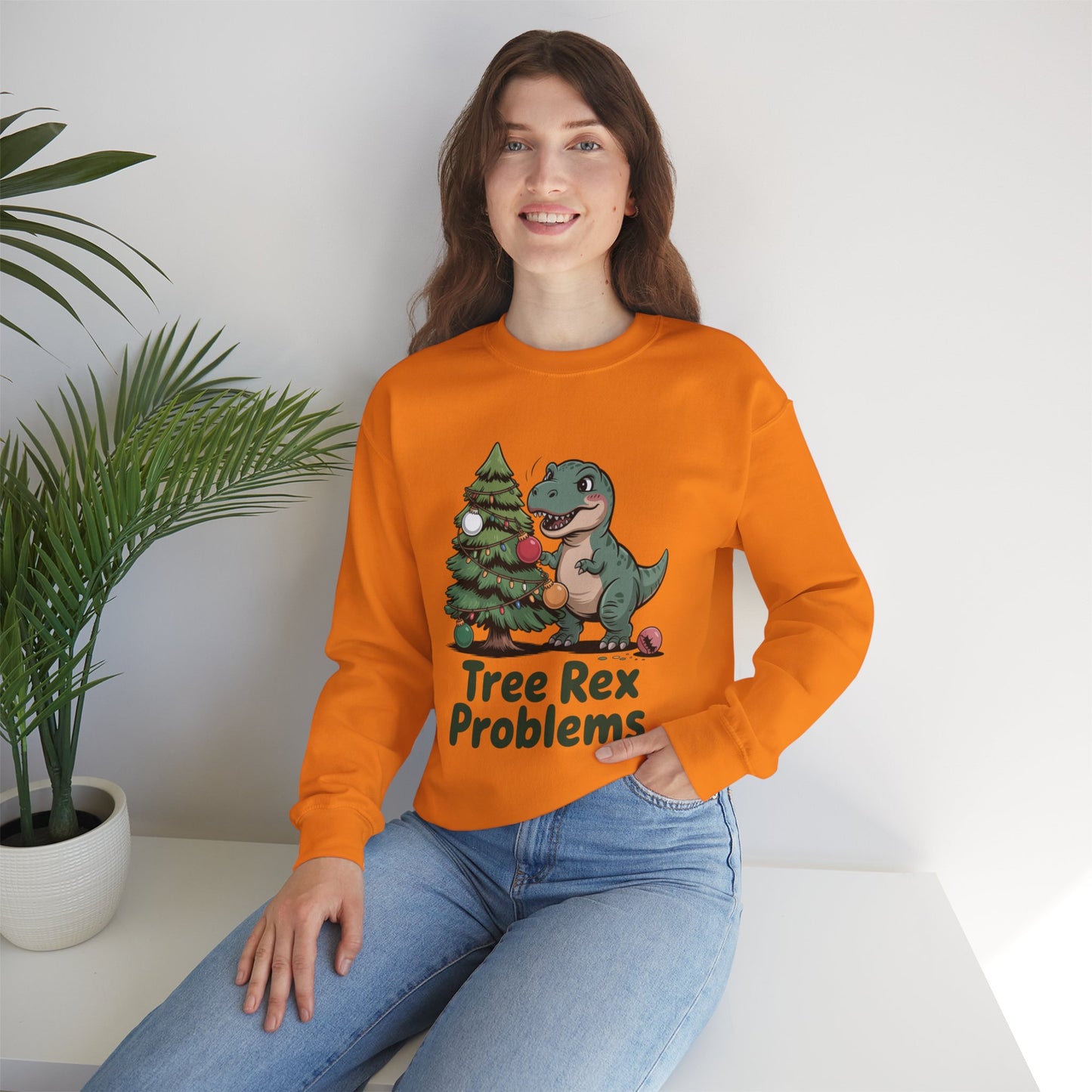 Get festive with the Christmas Crewneck Sweatshirt – Tree Rex Problems. Cozy, fun, and ideal for holiday parties or gifting this season.