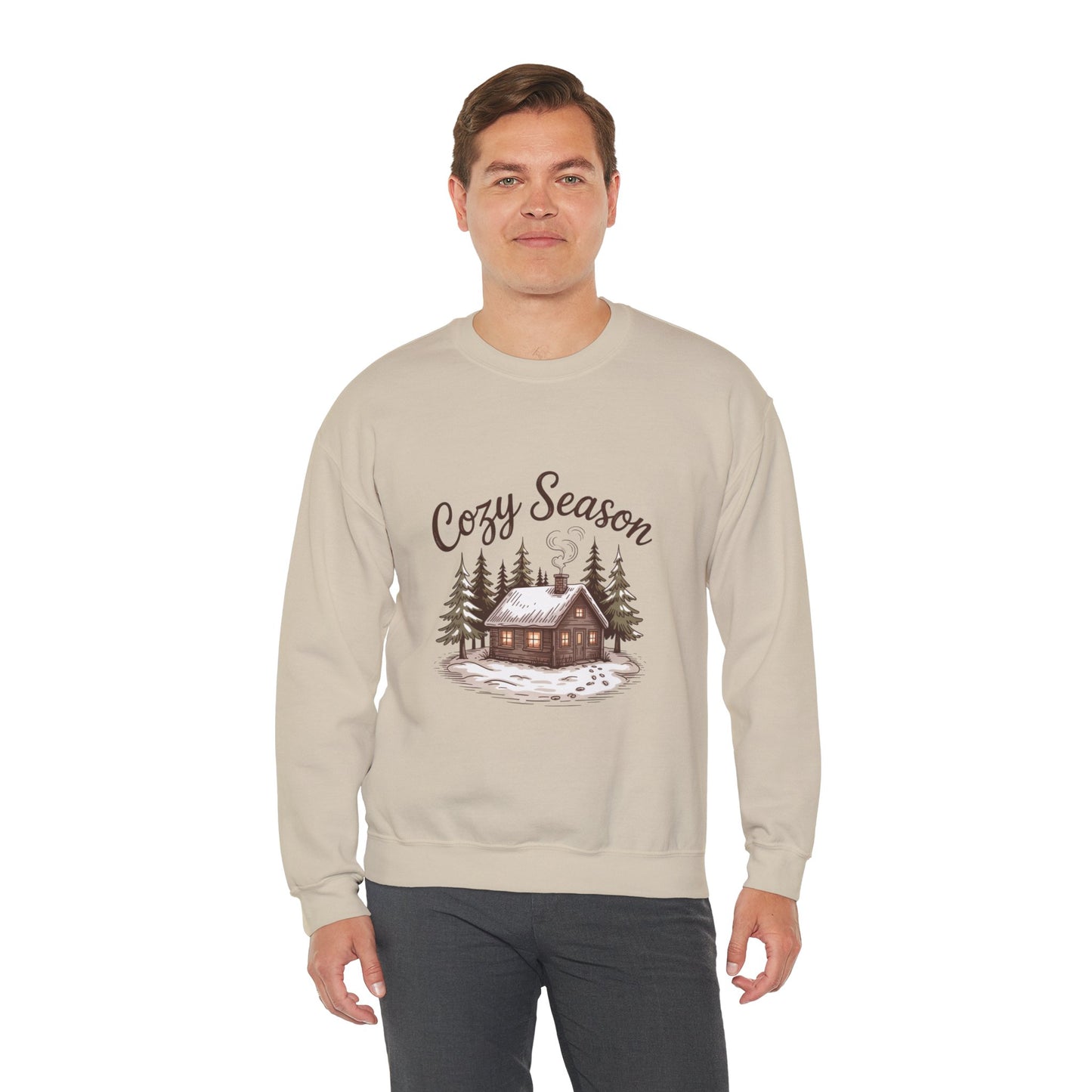 Crewneck Sweatshirt Cozy Season Cabin Snow Hand-Drawn Mocha Tones