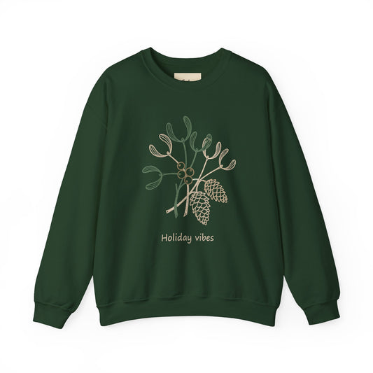 Holiday Vibes Crewneck Sweatshirt with Mistletoe and Pine Cones Design