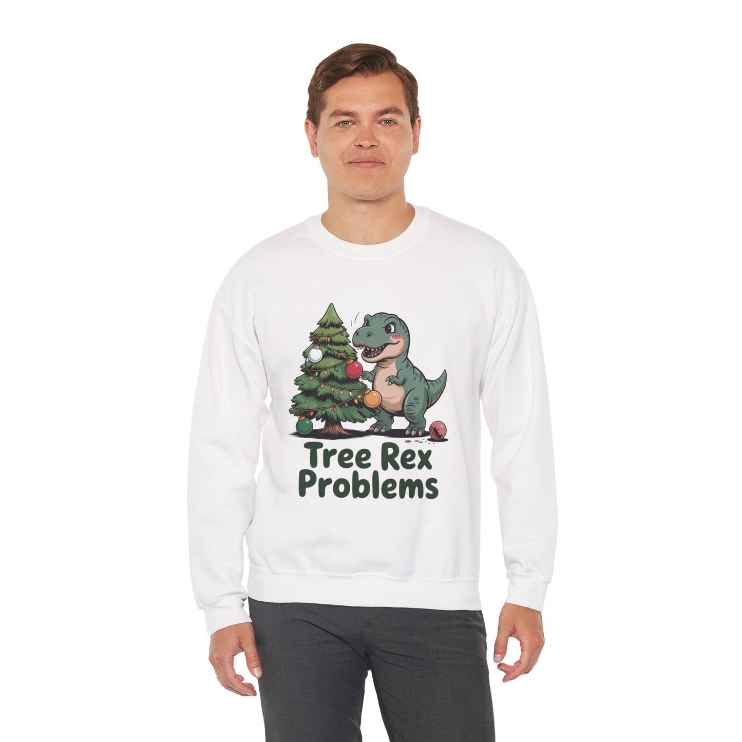 Get festive with the Christmas Crewneck Sweatshirt – Tree Rex Problems. Cozy, fun, and ideal for holiday parties or gifting this season.