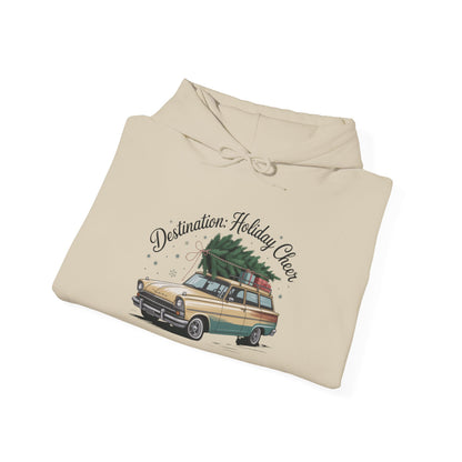 Hooded Sweatshirt Vintage Car Christmas Tree Destination Holiday Cheer