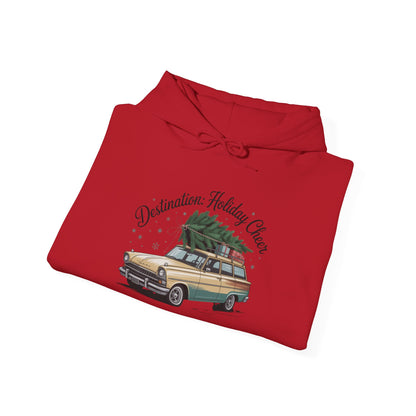 Hooded Sweatshirt Vintage Car Christmas Tree Destination Holiday Cheer