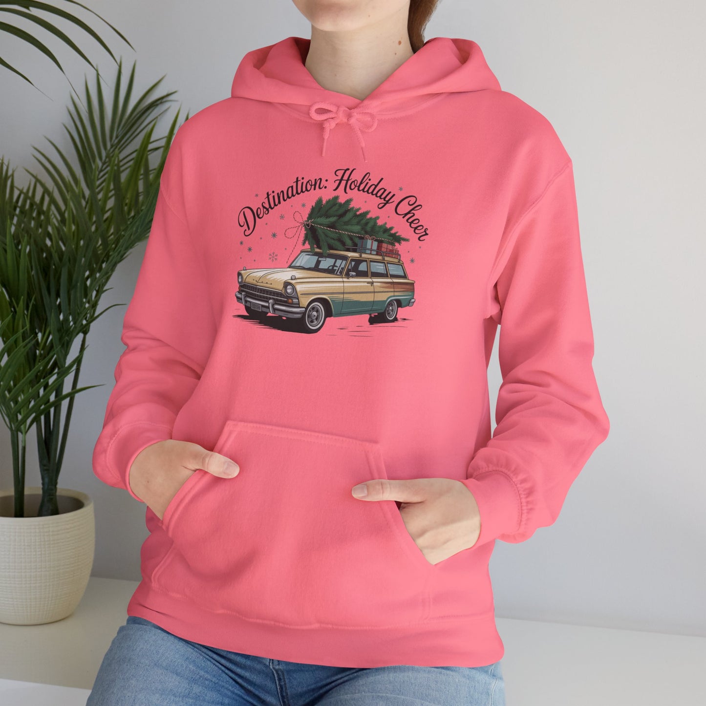 Hooded Sweatshirt Vintage Car Christmas Tree Destination Holiday Cheer