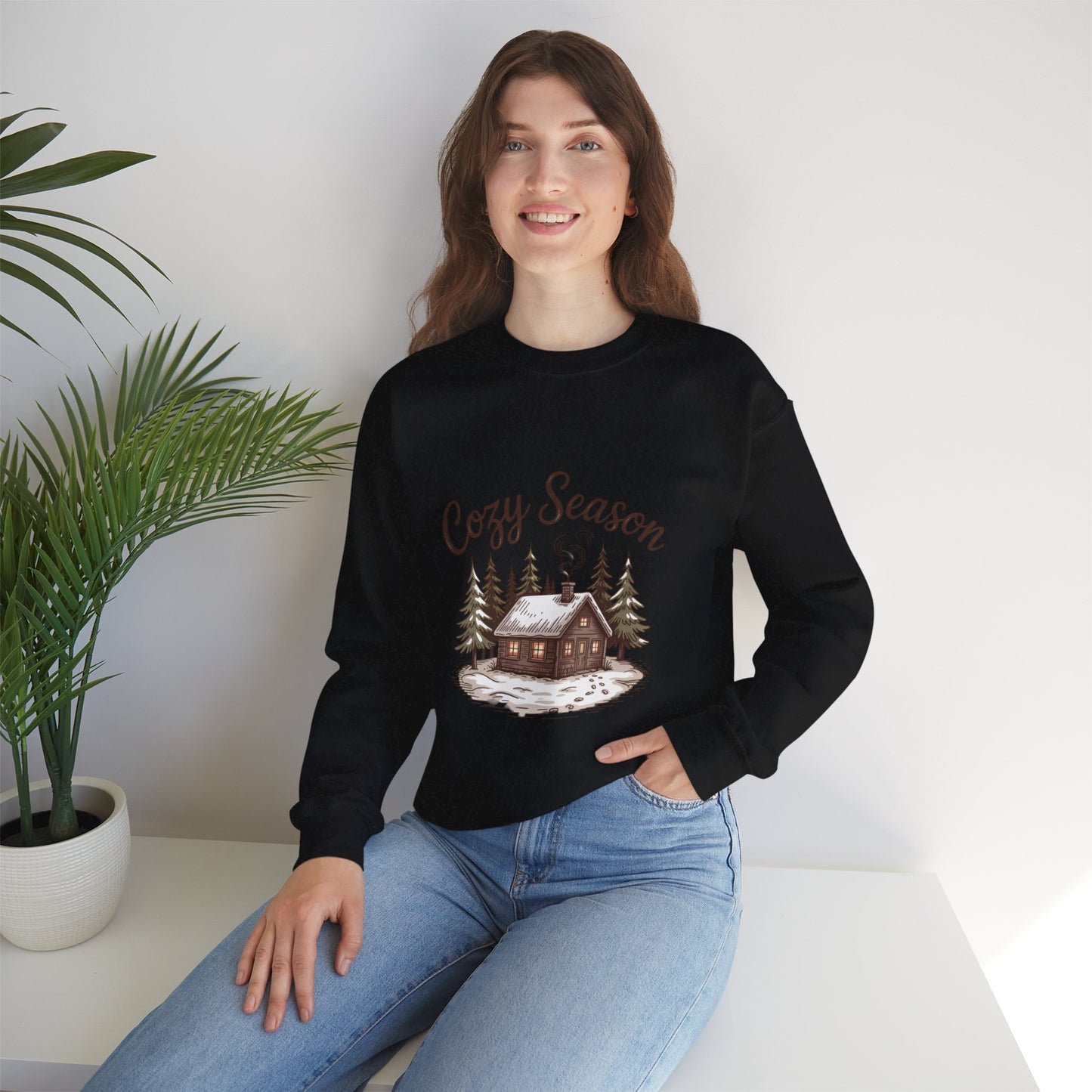 Crewneck Sweatshirt Cozy Season Cabin Snow Hand-Drawn Mocha Tones