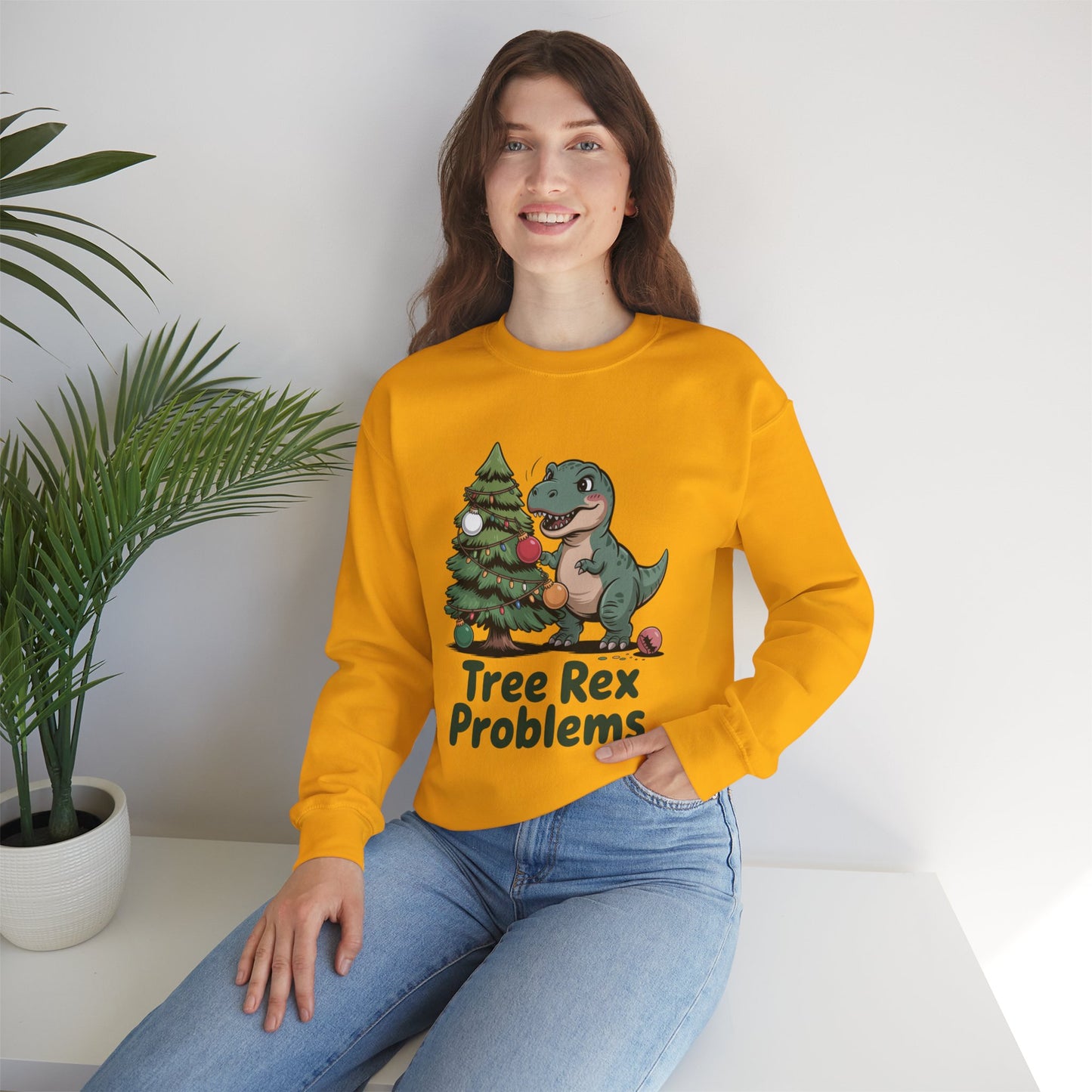 Get festive with the Christmas Crewneck Sweatshirt – Tree Rex Problems. Cozy, fun, and ideal for holiday parties or gifting this season.