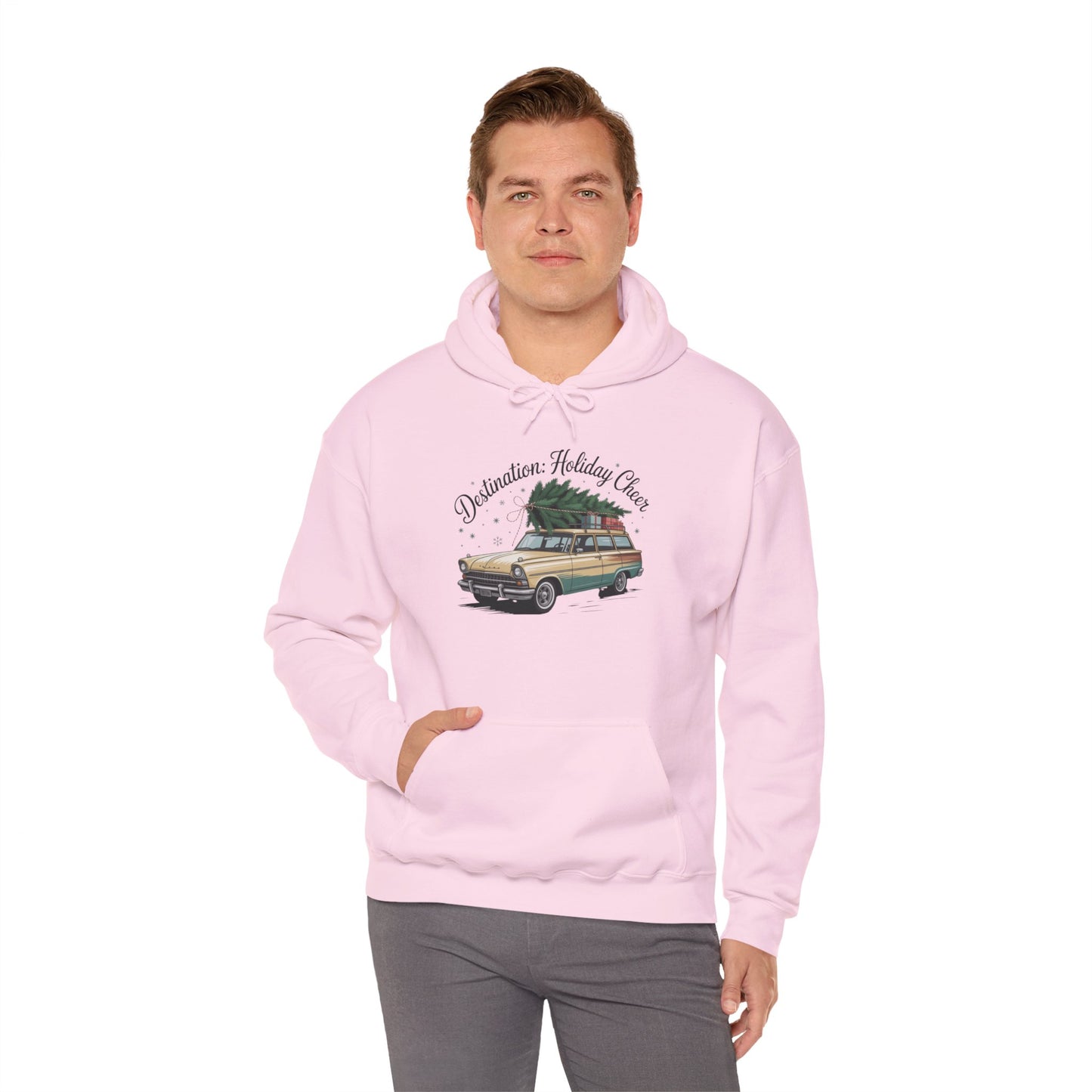 Hooded Sweatshirt Vintage Car Christmas Tree Destination Holiday Cheer
