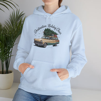Hooded Sweatshirt Vintage Car Christmas Tree Destination Holiday Cheer