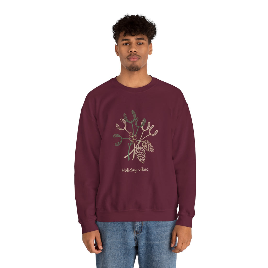 Holiday Vibes Crewneck Sweatshirt with Mistletoe and Pine Cones Design