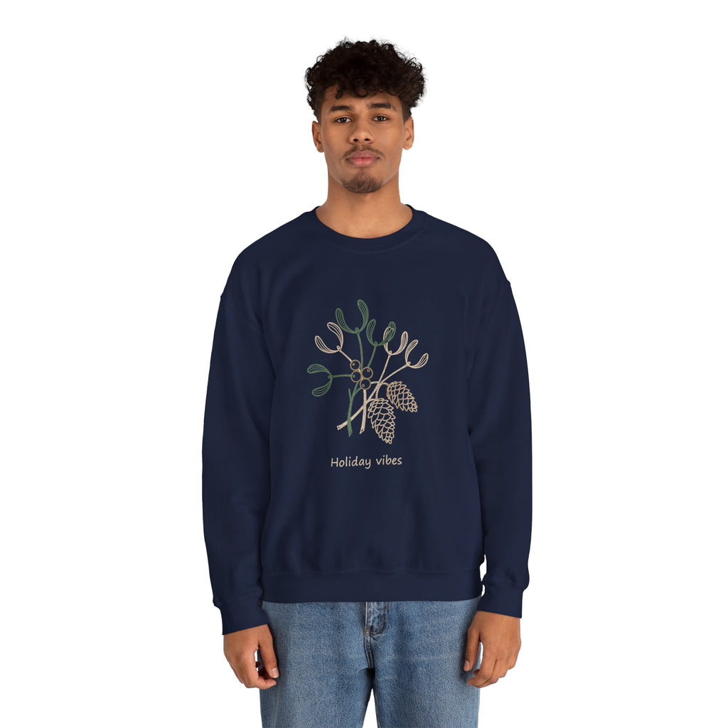 Holiday Vibes Crewneck Sweatshirt with Mistletoe and Pine Cones Design