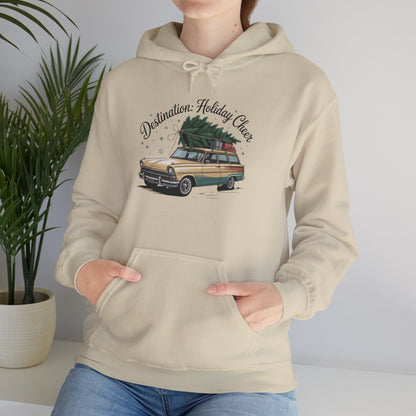 Hooded Sweatshirt Vintage Car Christmas Tree Destination Holiday Cheer
