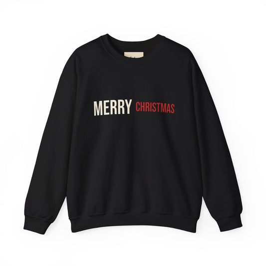 Merry Christmas Crewneck Sweatshirt in black with festive lettering for holiday wear, perfect for cozy celebrations and gifts.