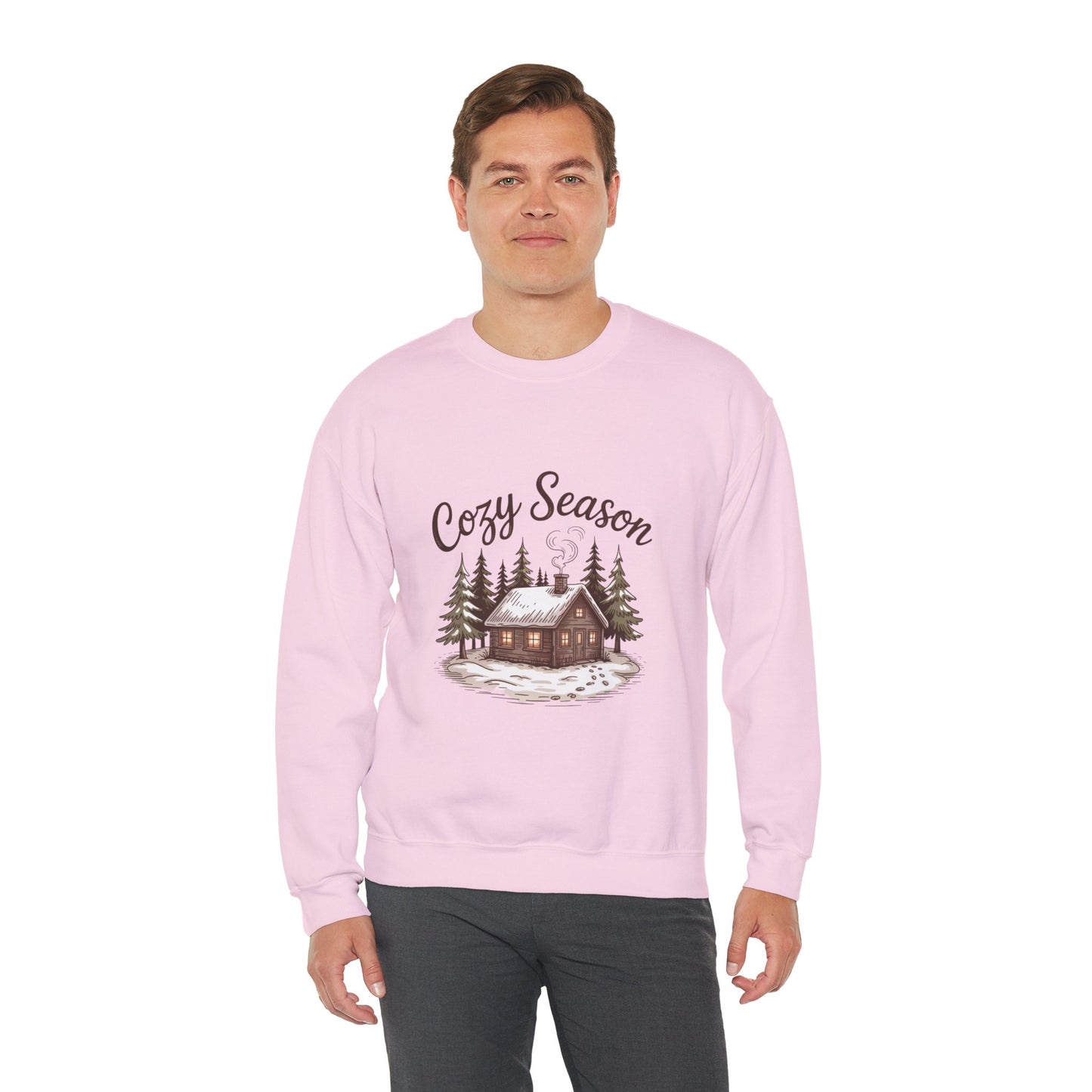 Crewneck Sweatshirt Cozy Season Cabin Snow Hand-Drawn Mocha Tones