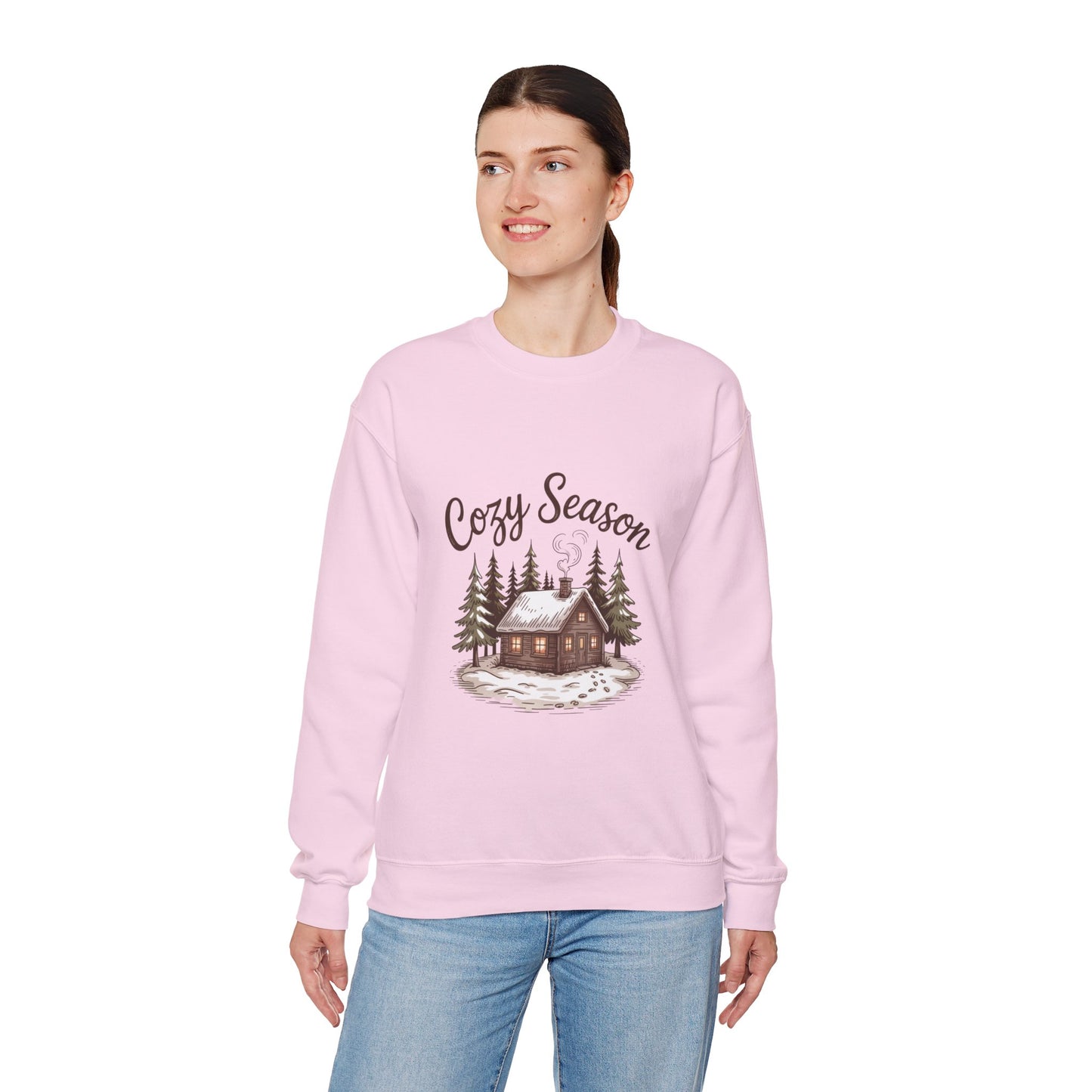 Crewneck Sweatshirt Cozy Season Cabin Snow Hand-Drawn Mocha Tones