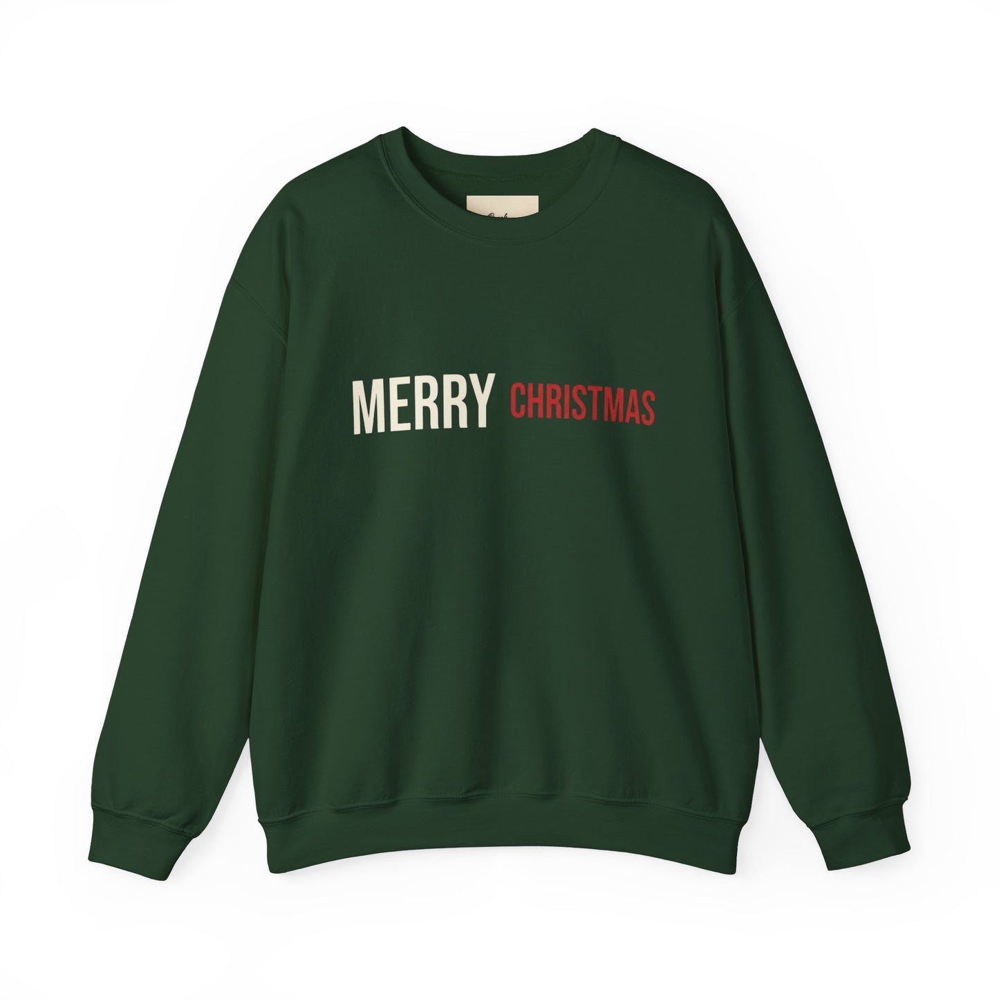 Merry Christmas Crewneck Sweatshirt in dark green featuring festive lettering, perfect for holiday celebrations and warmth, Mer.