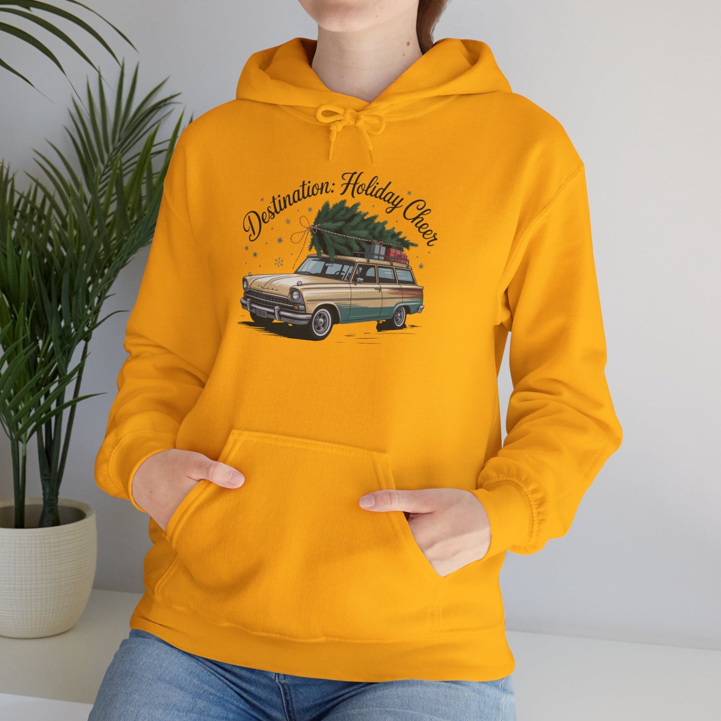 Hooded Sweatshirt Vintage Car Christmas Tree Destination Holiday Cheer