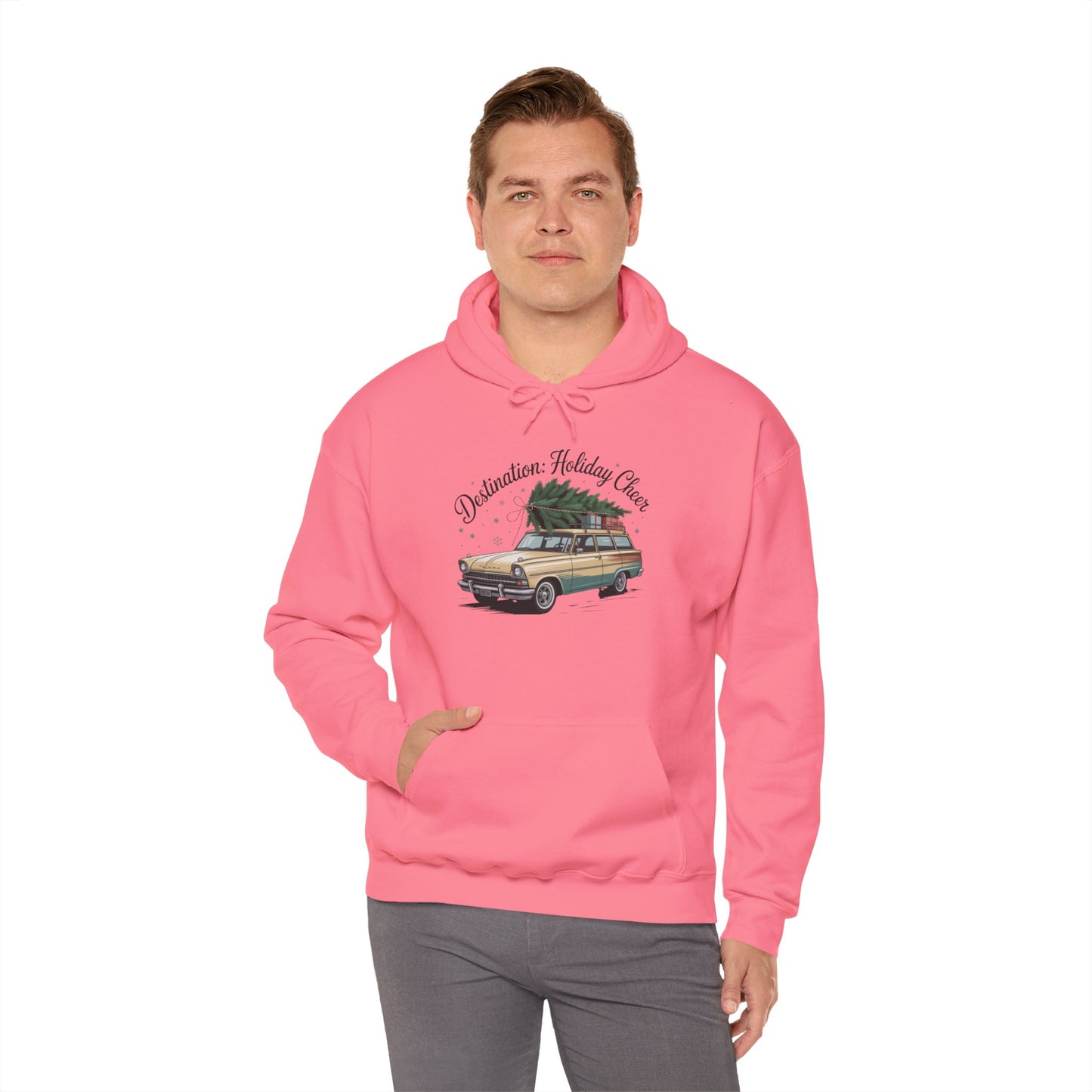 Hooded Sweatshirt Vintage Car Christmas Tree Destination Holiday Cheer
