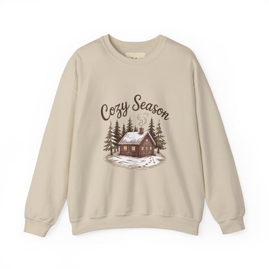 Crewneck Sweatshirt Cozy Season Cabin Snow Hand-Drawn Mocha Tones