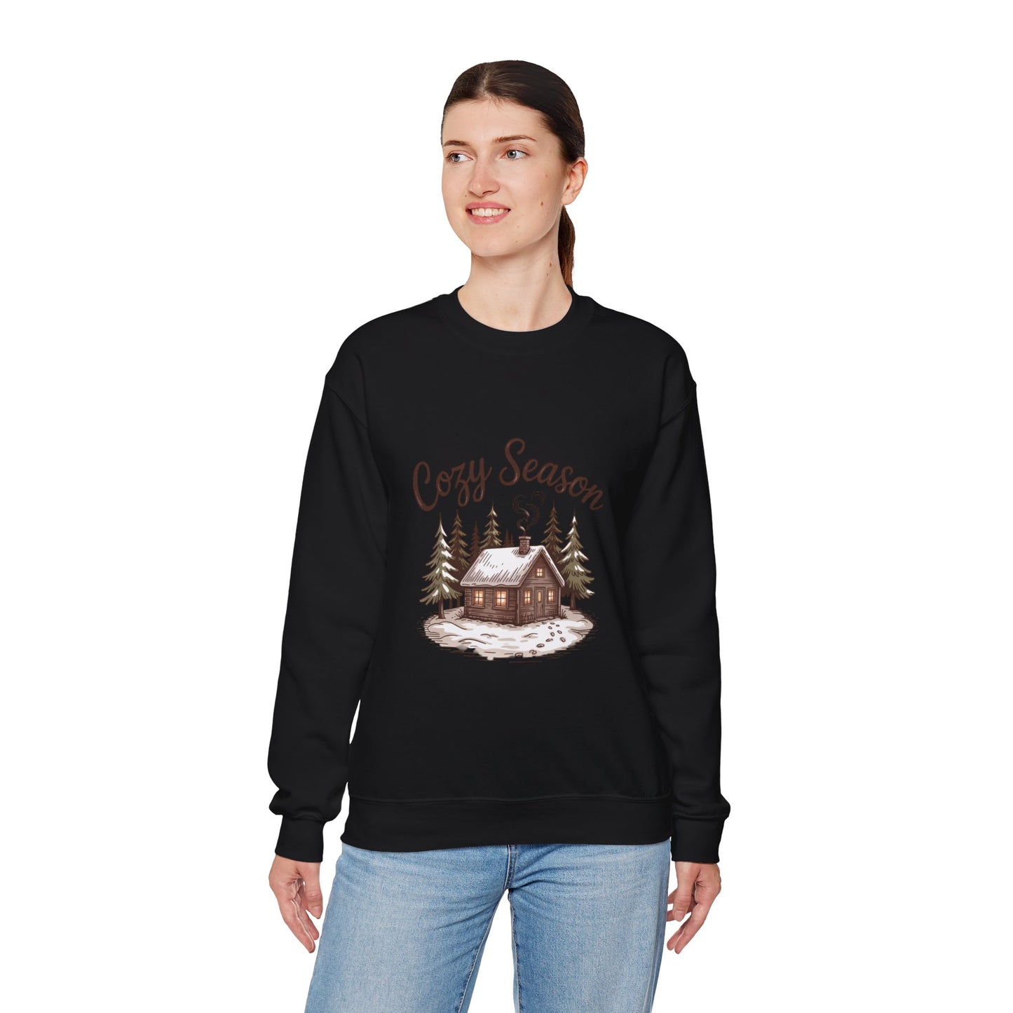 Crewneck Sweatshirt Cozy Season Cabin Snow Hand-Drawn Mocha Tones